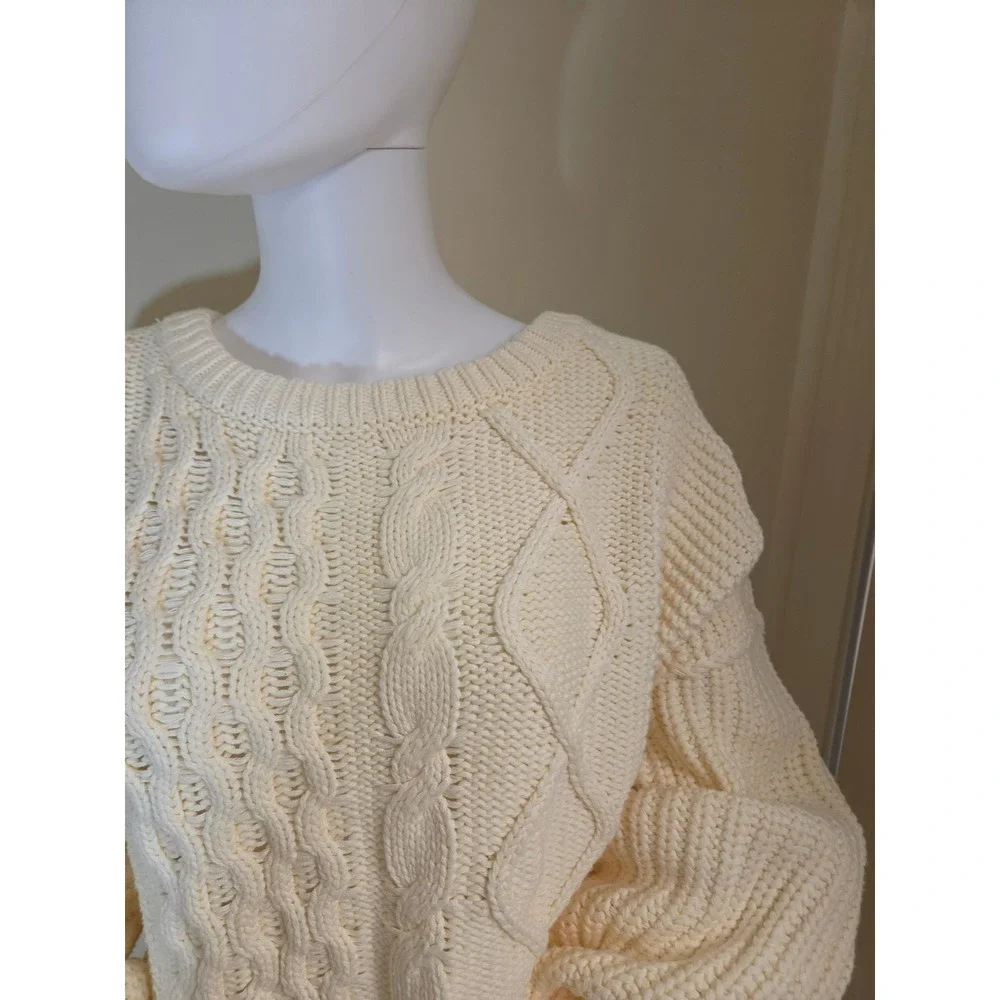 Free People Womens Cream‎ Cable Knit Oversized  Sweater Large OB1343351